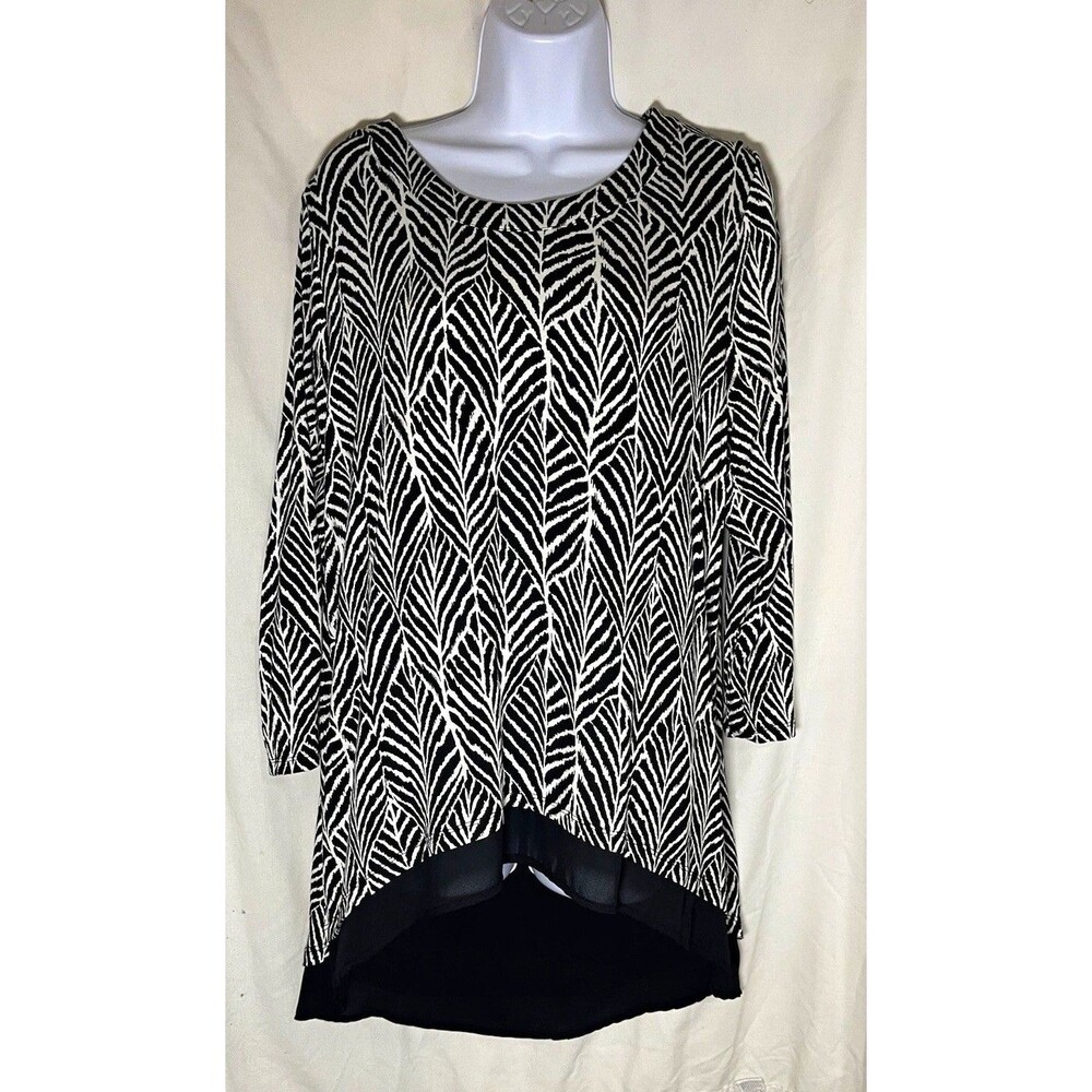 Simply Emma Women’s Leaf Print Layered Tunic Blouse 1X Black/White 3/4 Slv
